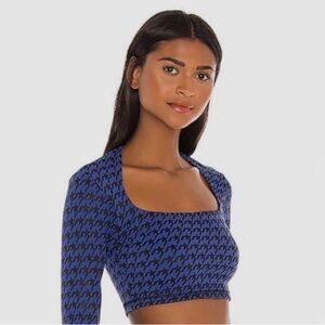 Adam Selman Sport Blue Houndstooth Crop workout long sleeved bra Top. Size Large